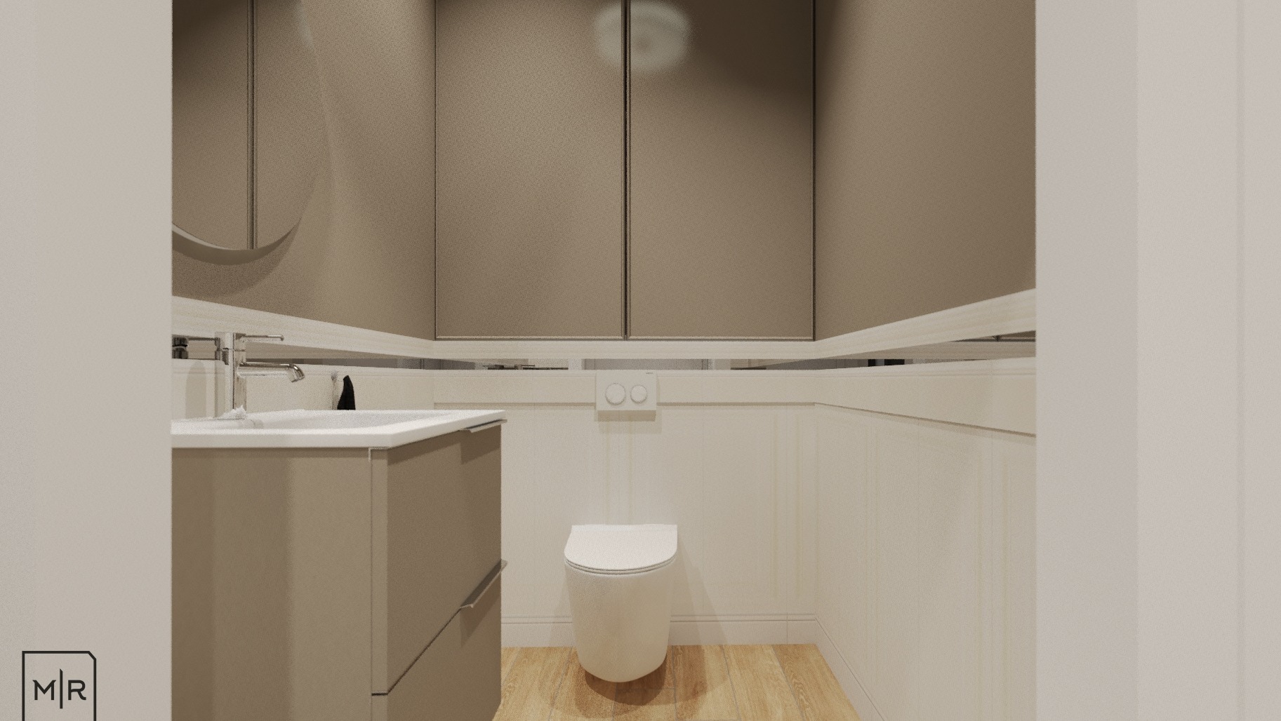 Wizualizacja łazienki w odcieniach beżu z wiszącą szafką nad umywalką, okrągłym lustrem i podwieszaną toaletą, oświetlona subtelnym światłem.