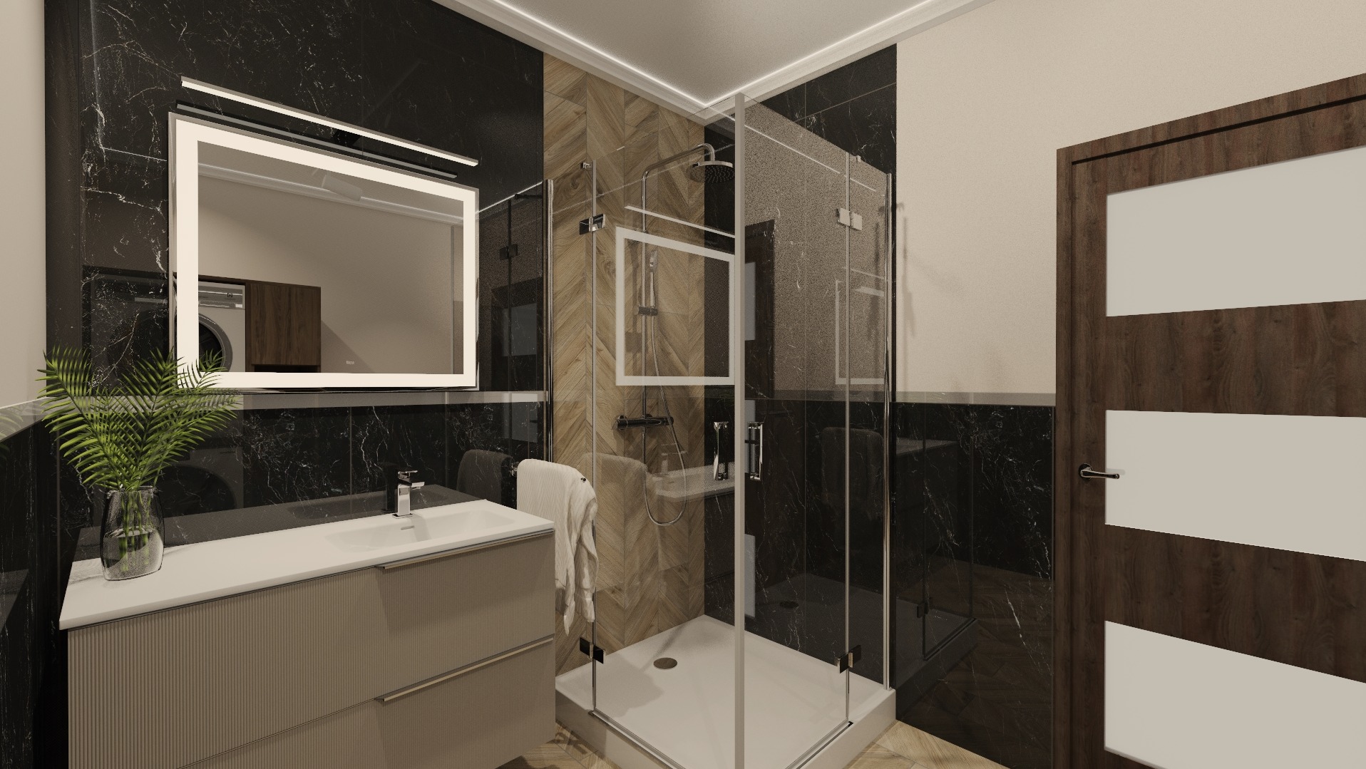 Nowoczesna łazienka z kabiną prysznicową, umywalką z szafką i podświetlanym lustrem, czarne marmurowe ściany, drewnopodobne akcenty, widok na pralkę w odbiciu lustra.