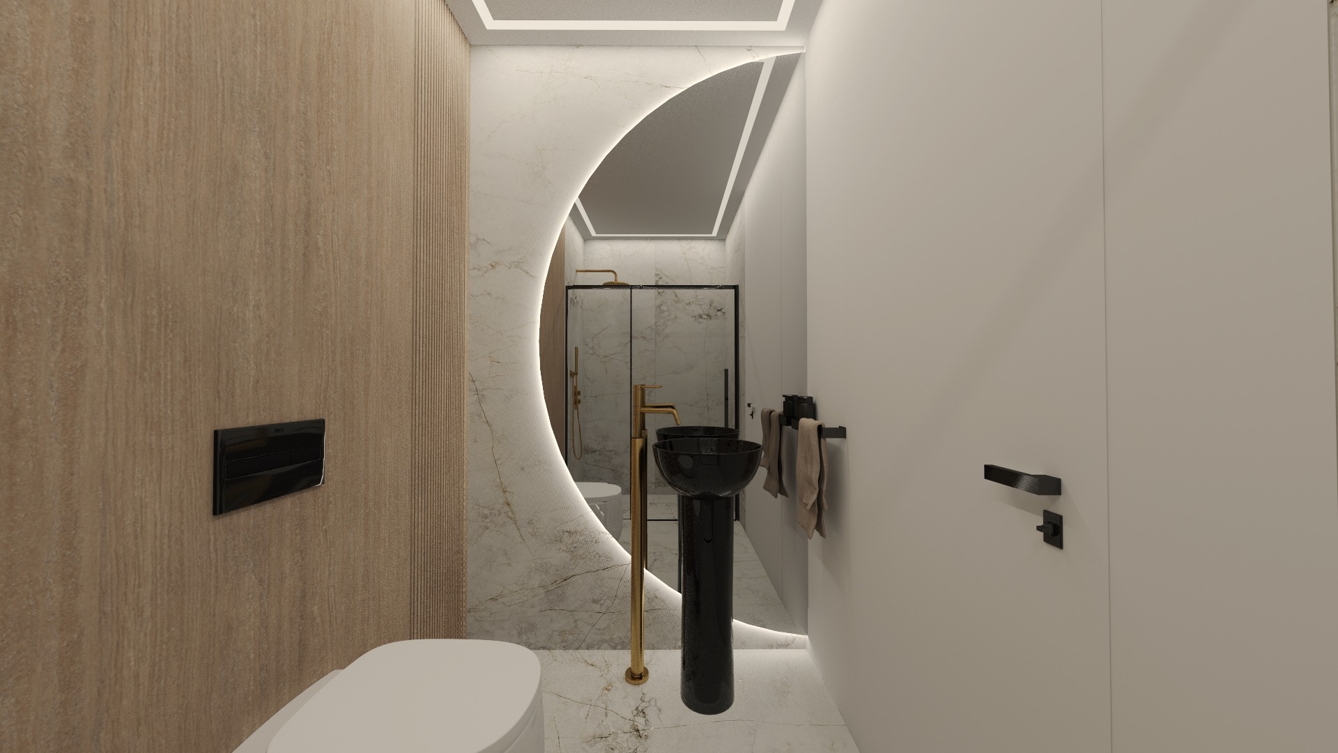 Nowoczesna łazienka z marmurową ścianą, okrągłym lustrem z podświetleniem LED, czarną umywalką na postumencie i złotą armaturą, widok na kabinę prysznicową.