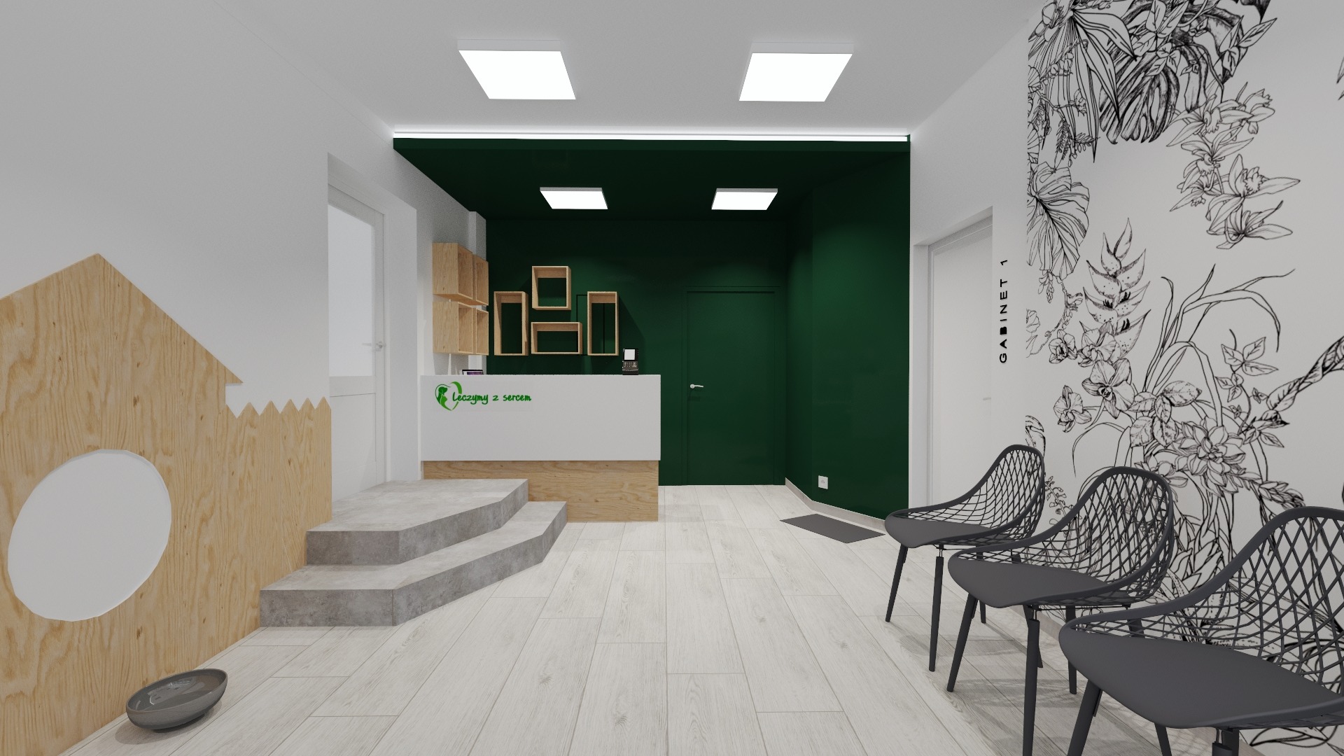 Wizualizacja wnętrza poczekalni gabinetu weterynaryjnego z drewnianą zabudową w kształcie domku dla zwierząt, recepcją z logo 'Leczymy z sercem', zieloną ścianą i minimalistycznymi krzesłami na tle...