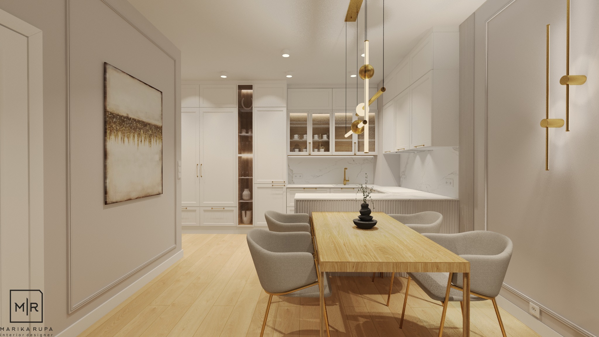 Wizualizacja jadalni z kuchnią w stylu klasycznym: drewniany stół, szare krzesła na złotych nogach, biała zabudowa kuchenna z marmurowym blatem i złotą armaturą, nowoczesne złote oświetlenie.