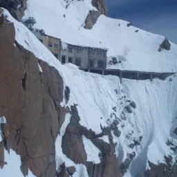 Budynek na szczycie ośnieżonej góry z odśnieżarką na dachu, widok z dołu na skaliste zbocze.