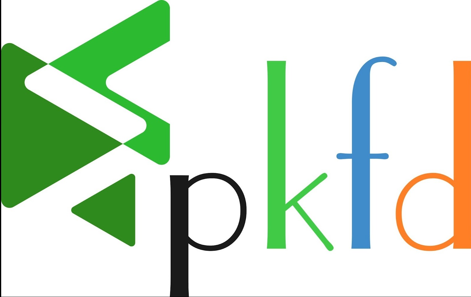 Ilustracja wektorowa z abstrakcyjnym zielonym symbolem po lewej i napisem 'pkfd' w różnych kolorach (czarny, zielony, niebieski, pomarańczowy) na białym tle.