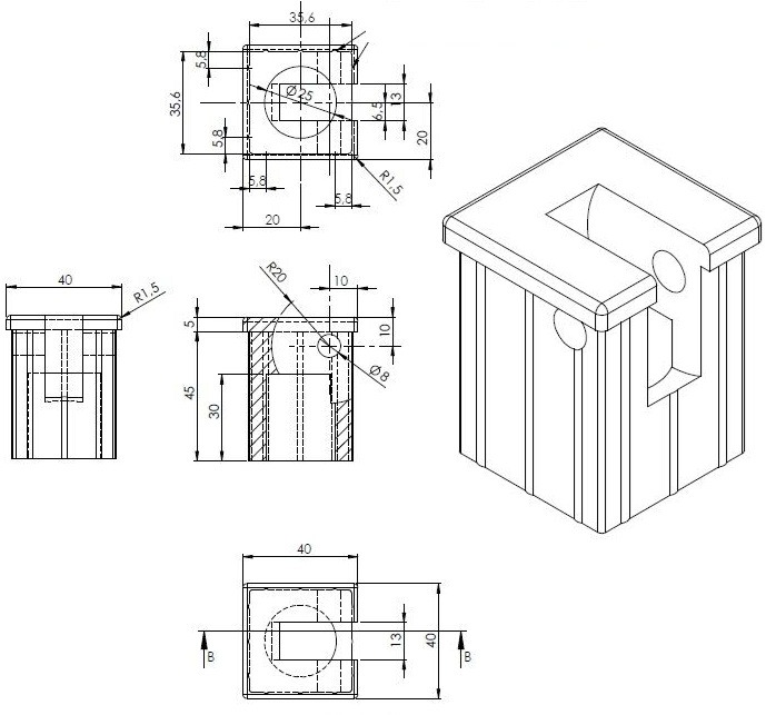 Rzut techniczny 3D modelu z wymiarami, prezentujący detale konstrukcyjne i specyfikacje techniczne elementu. Widok izometryczny i przekroje.