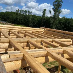 Konstrukcja z okrąglaków, prawdopodobnie w trakcie budowy, z widocznym niebieskim niebem i drzewami w tle.