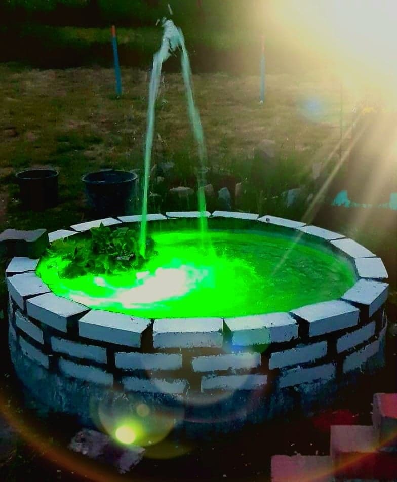 Oświetlona na zielono fontanna ogrodowa z ceglaną obudową i tryskającą wodą, otoczona zielenią i z lekką poświatą słoneczną.