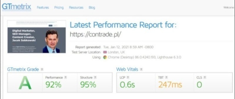 Zmierzyłem wydajność serwisu narzędziem GTmetrix i jest dobrze. Ocena A - najwyższa! Też tak możesz mieć.