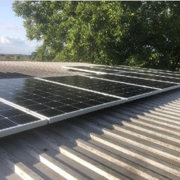 Pruner-Źródło Prądu - Rząd paneli słonecznych z białymi ramami, zamontowanych na pofałdowanym dachu z blachy, z drzewami i polami w tle.