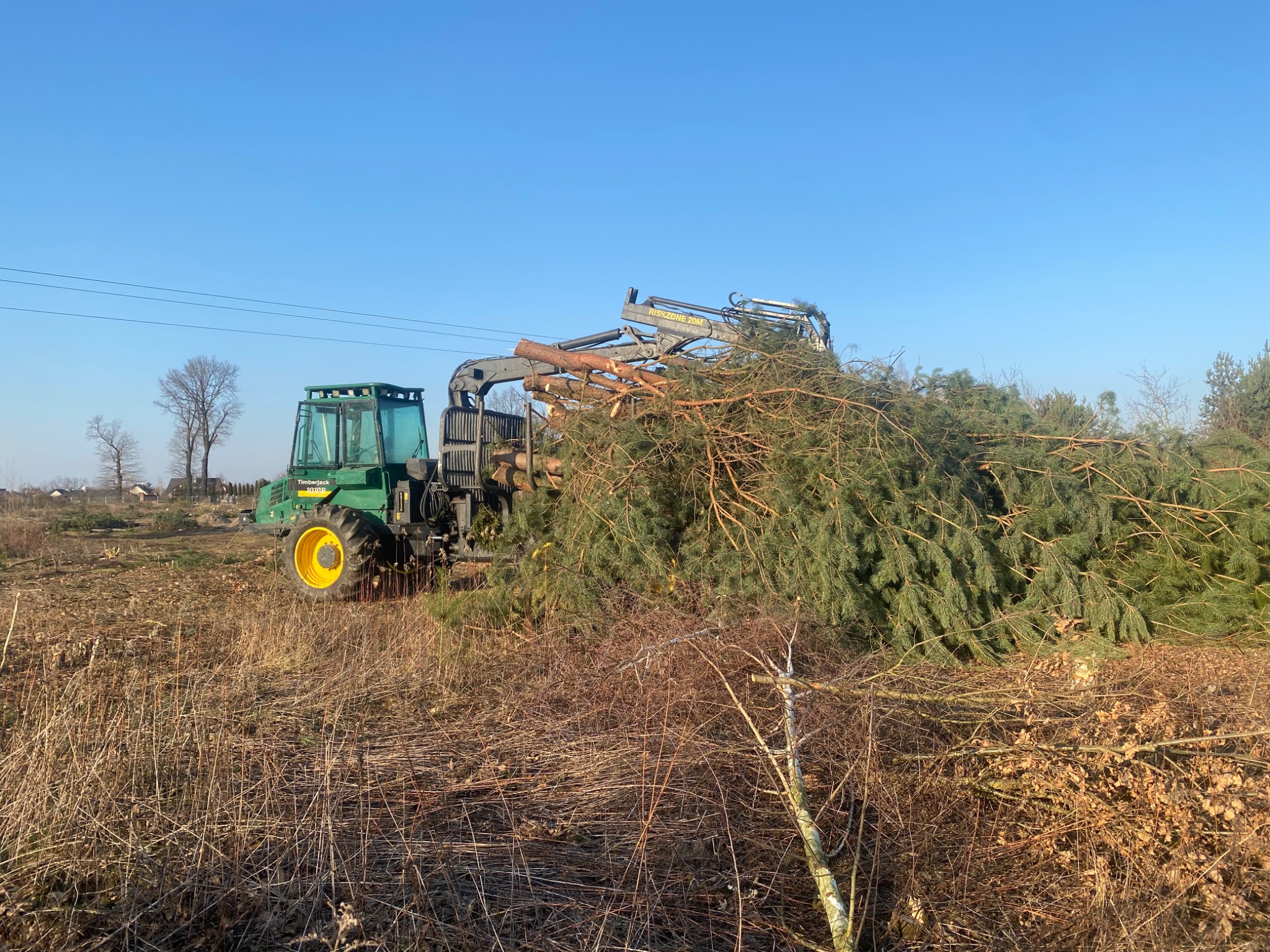 Zielony harwester Timberjack 1010D z żółtymi kołami, trzymający ścięte drzewa na tle błękitnego nieba i przygotowanego terenu pod wycinkę. W tle widoczne drzewa i budynki.