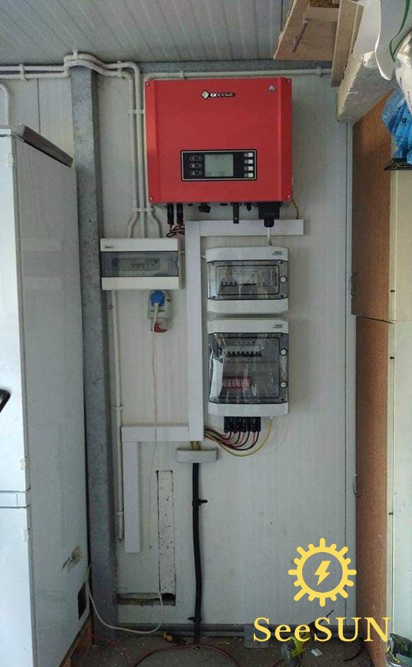 Czerwony inwerter z wyświetlaczem oraz skrzynki elektryczne zamontowane na ścianie w pomieszczeniu gospodarczym. Widoczne przewody i rurki instalacyjne.