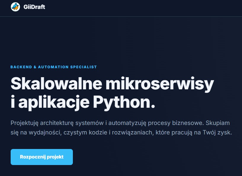 Strona internetowa z nagłówkiem 'Skalowalne mikroserwisy i aplikacje Python', opisem usług backendowych i automatyzacji, oraz przyciskiem 'Rozpocznij projekt'.