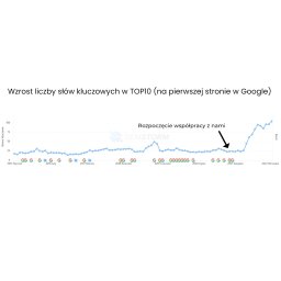 LEKROTECH S.C. - Wykres liniowy prezentujący wzrost liczby słów kluczowych w TOP10 Google na przestrzeni lat 2015-2022, z zaznaczonym momentem rozpoczęcia współpracy.