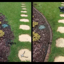 Porównanie stanu trawnika i rabaty przed i po: uporządkowana kora, wyczyszczone kamienne płyty ścieżki, obrzeża rabaty z cegły klinkierowej.