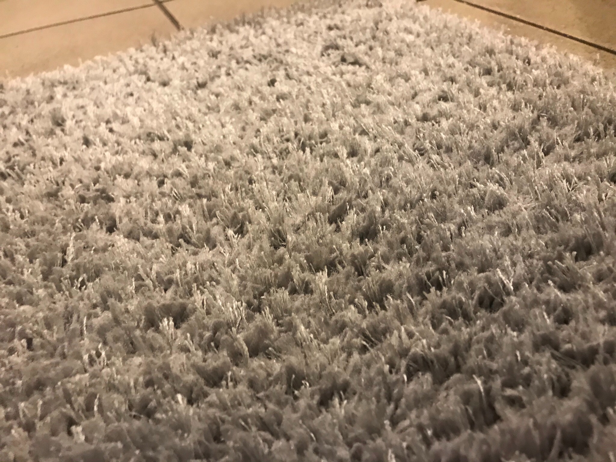 Szczegółowe zbliżenie na puszysty, szary dywan typu shaggy, leżący na beżowej podłodze z płytek ceramicznych.