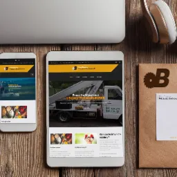 Prezentacja responsywnej strony internetowej na tablecie i smartfonie, obok wizytówka i logo firmy Mateusz Buchowiecki, słuchawki bezprzewodowe w tle, na drewnianym biurku.