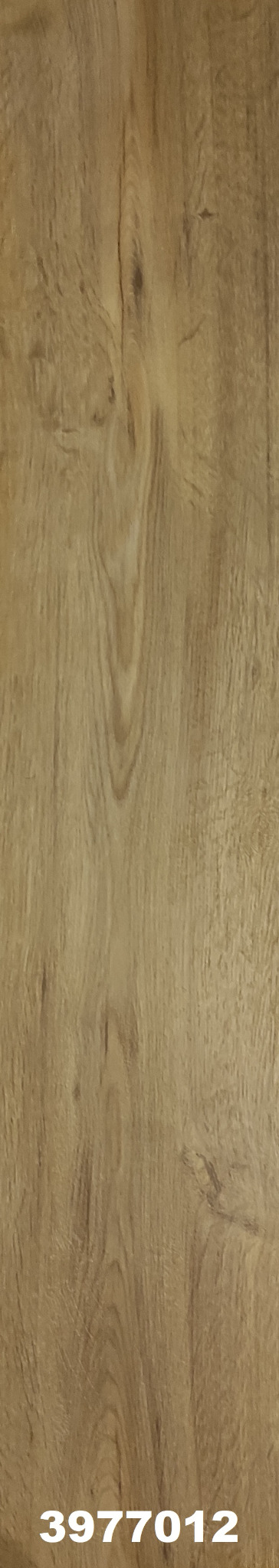 Pojedynczy panel podłogowy laminowany w odcieniach jasnego brązu z widoczną strukturą drewna, sfotografowany z góry w orientacji pionowej, z białym numerem seryjnym w dolnej części.