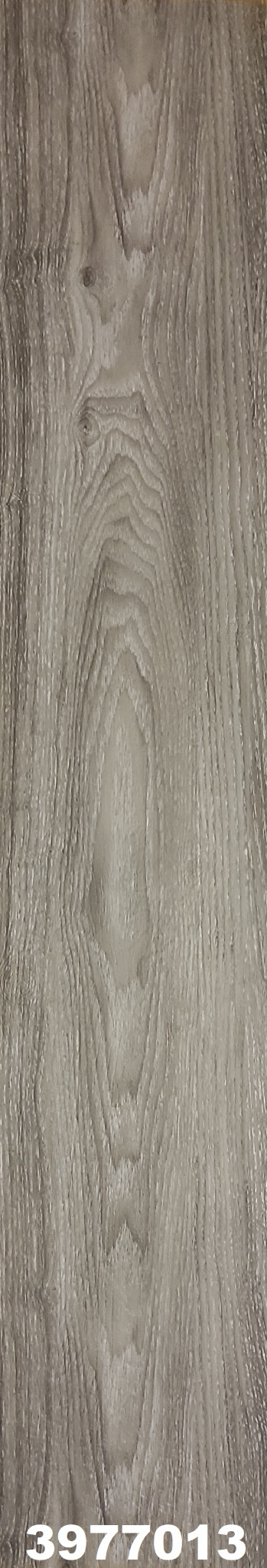 Szczegółowe ujęcie panelu podłogowego w odcieniach szarości, ukazujące strukturę drewna z wyraźnymi słojami i subtelnymi przebarwieniami. Na dole zdjęcia widoczny biały napis '3977013'.