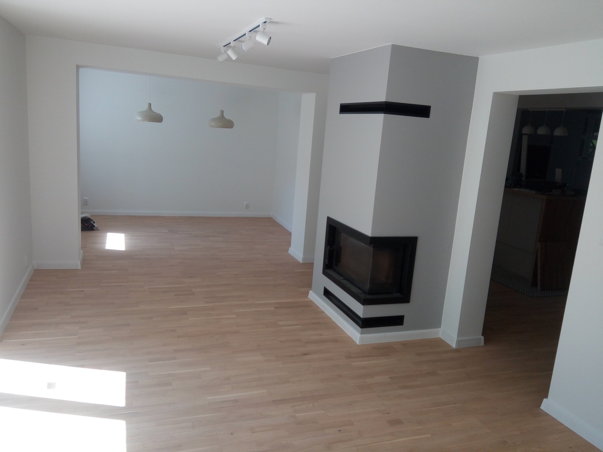 Jasne, drewniane panele podłogowe w nowocześnie wykończonym salonie z kominkiem i białymi ścianami, oświetlonym reflektorami.