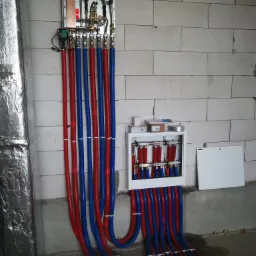 Rozdzielacz ogrzewania podłogowego z rurami w kolorach czerwonym i niebieskim, zamontowany na ścianie z bloczk&oacute;w betonowych w surowym stanie.