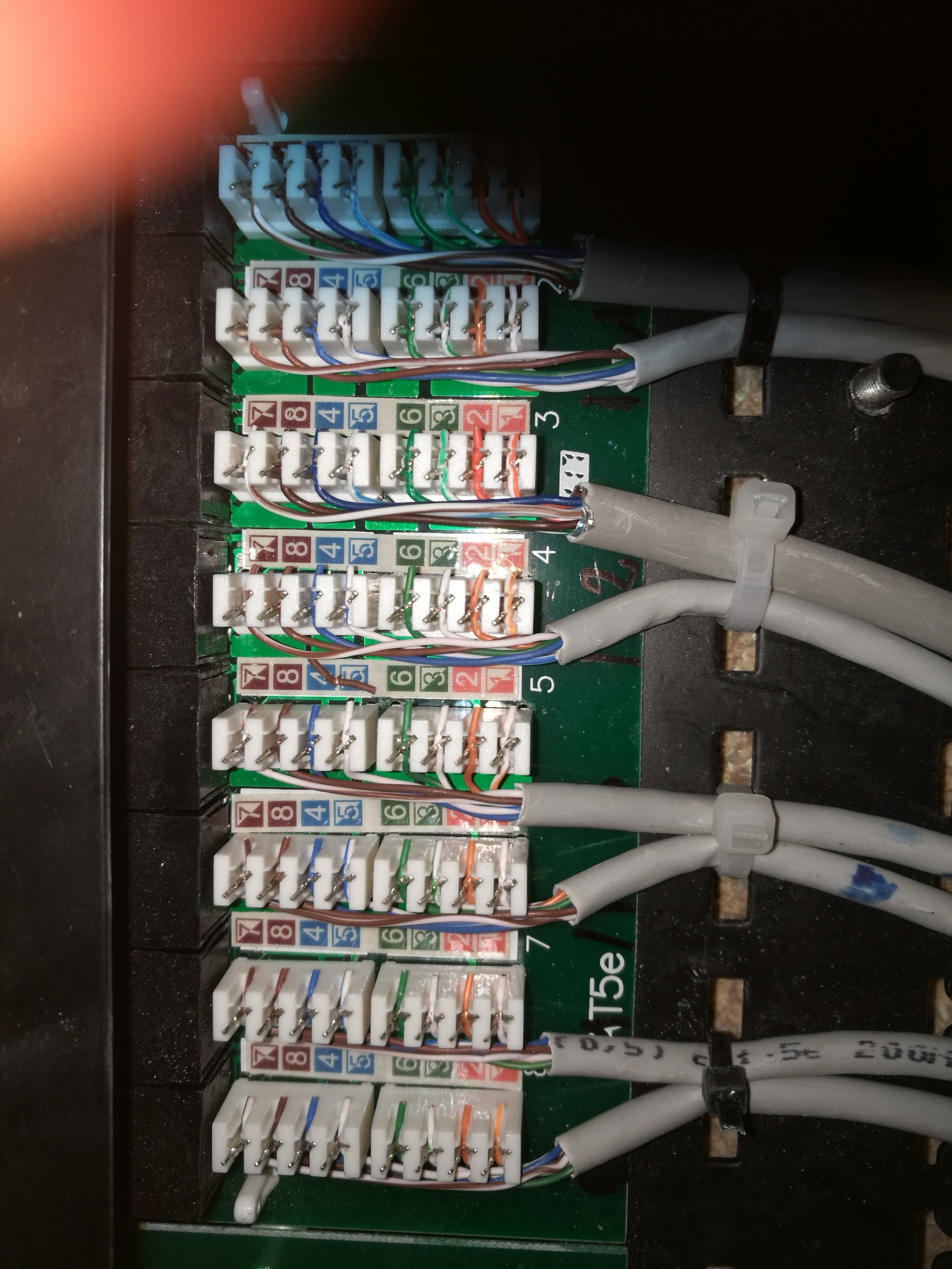 Panel krosowniczy z podłączonymi kablami sieciowymi, widoczne numery portów i oznaczenia przewodów, zamocowane opaskami zaciskowymi.