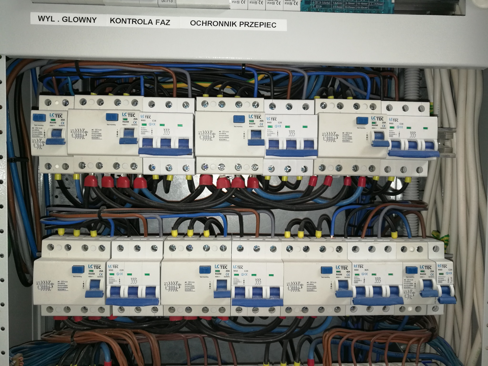Otwarta skrzynka elektryczna z widocznymi bezpiecznikami, przewodami i oznaczeniami 'Wył. Główny', 'Kontrola Faz' oraz 'Ochronnik Przepięć'.