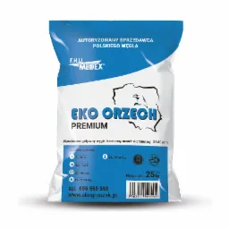 Worek z węglem kamiennym Eko Orzech Premium o granulacji 25-80 mm, z parametrami jakościowymi i danymi kontaktowymi producenta F.H.U. 'Medex'.