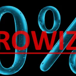 Niebieskie, przezroczyste cyfry '0' i znak procentu z kroplami wody na czarnym tle, z czerwonym napisem 'PROWIZJI' i podkreśleniem.