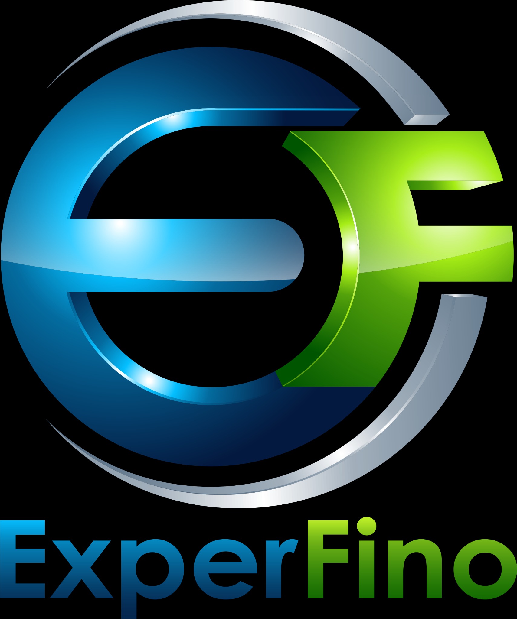 Logo firmy ExperFino z niebiesko-zielonym symbolem graficznym na czarnym tle.