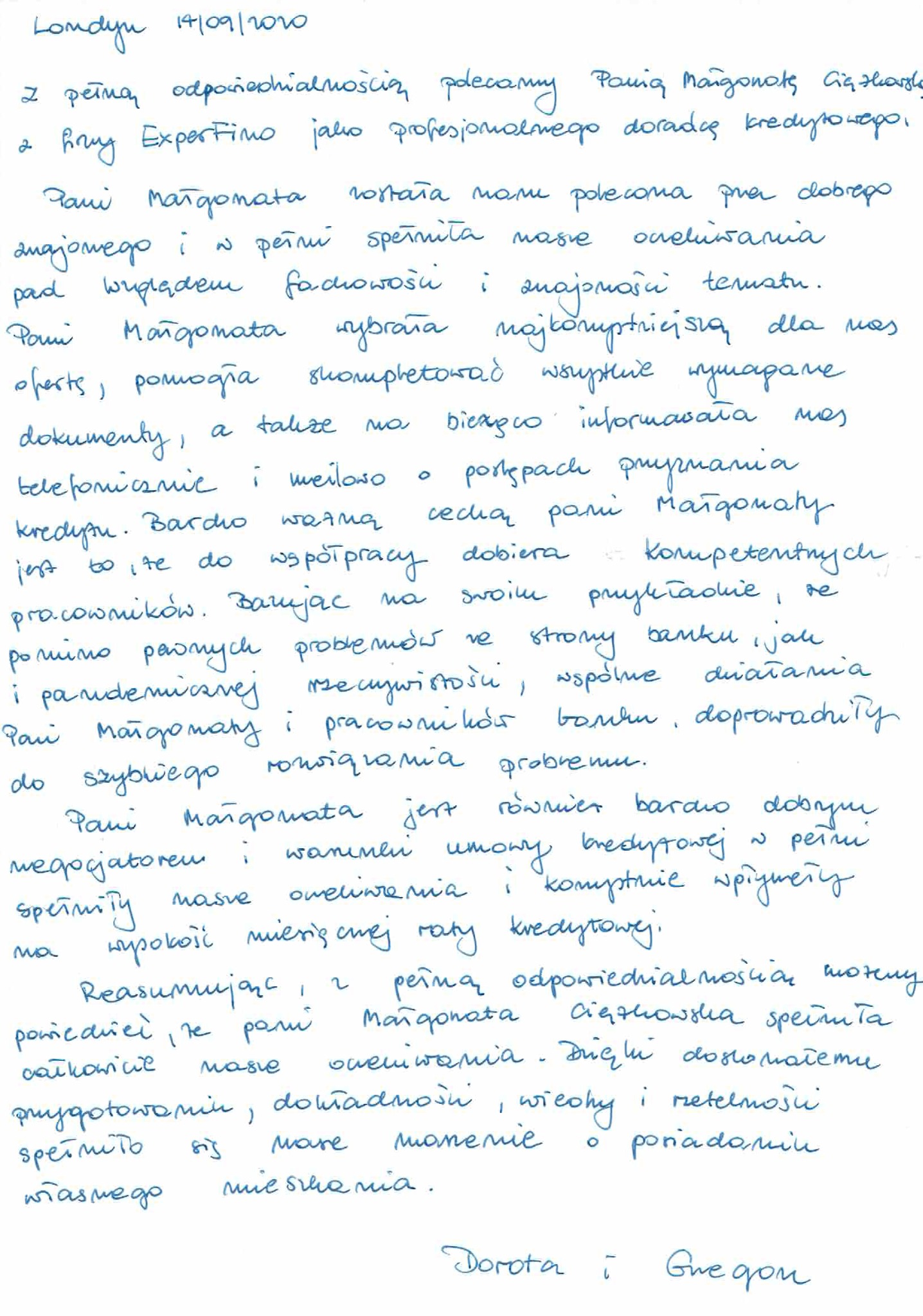 Skan pisemnego podziękowania dla doradcy kredytowego, z podkreśleniem jego profesjonalizmu i skuteczności w uzyskaniu korzystnych warunków kredytowych.