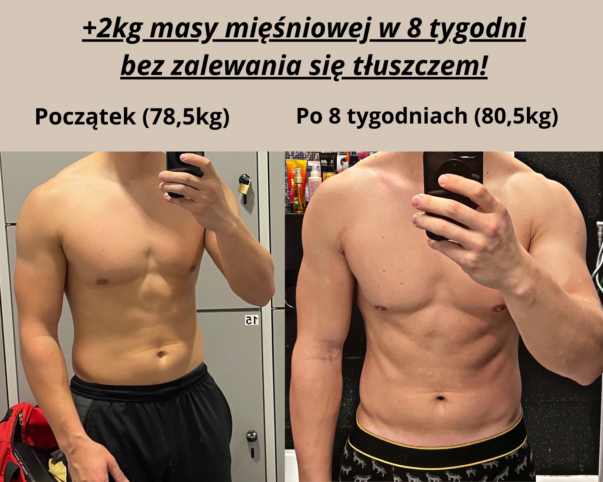 Porównanie sylwetki mężczyzny przed i po 8 tygodniach treningu, z widoczną różnicą w masie mięśniowej; po lewej stronie w szarych spodniach dresowych, po prawej w czarnej bieliźnie w wilki, na tle...