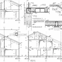 Przekrój budynku mieszkalnego z detalami konstrukcyjnymi, schemat zbrojenia, przekładki styropianowej i belek nadprożowych, skala 1:100 i 1:25, oznaczenia elementów konstrukcyjnych.