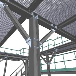 CONSTATICA Pracownia Projektowa - Wizualizacja 3D stalowej konstrukcji hali z podestami, widok z dołu na słup wspierający kratownicę i podesty z barierkami.