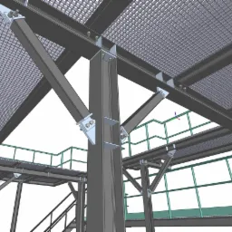 Wizualizacja 3D stalowej konstrukcji hali z podestami, widok z dołu na słup wspierający kratownicę i podesty z barierkami.