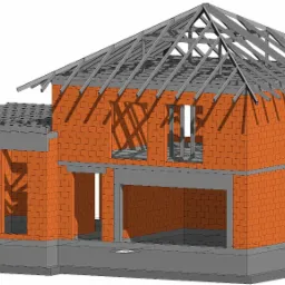 Wizualizacja 3D domu jednorodzinnego w trakcie budowy, z widoczną konstrukcją ścian z cegły, betonowym stropem nad parterem i konstrukcją dachu z drewnianych krokwi.