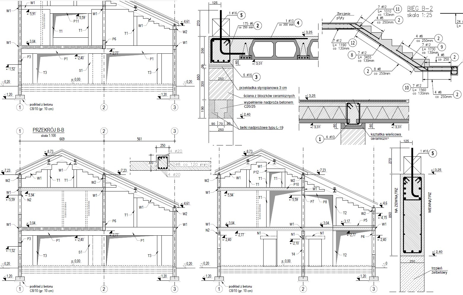 Przekrój budynku mieszkalnego z detalami konstrukcyjnymi, schemat zbrojenia, przekładki styropianowej i belek nadprożowych, skala 1:100 i 1:25, oznaczenia elementów konstrukcyjnych.