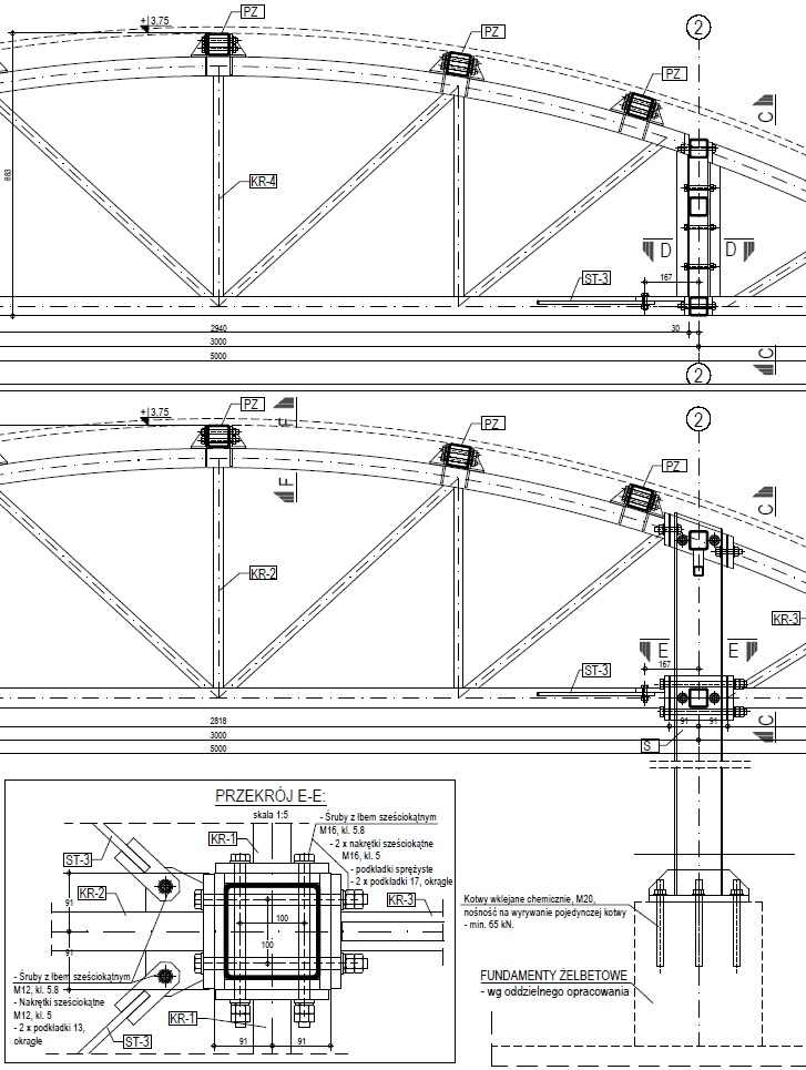 Rzut techniczny fragmentu konstrukcji stalowej, detale połączeń śrubowych i kotew fundamentowych, oznaczenia elementów KR-1, KR-2, KR-3, KR-4, ST-3, PZ, przekrój E-E w skali 1:5.