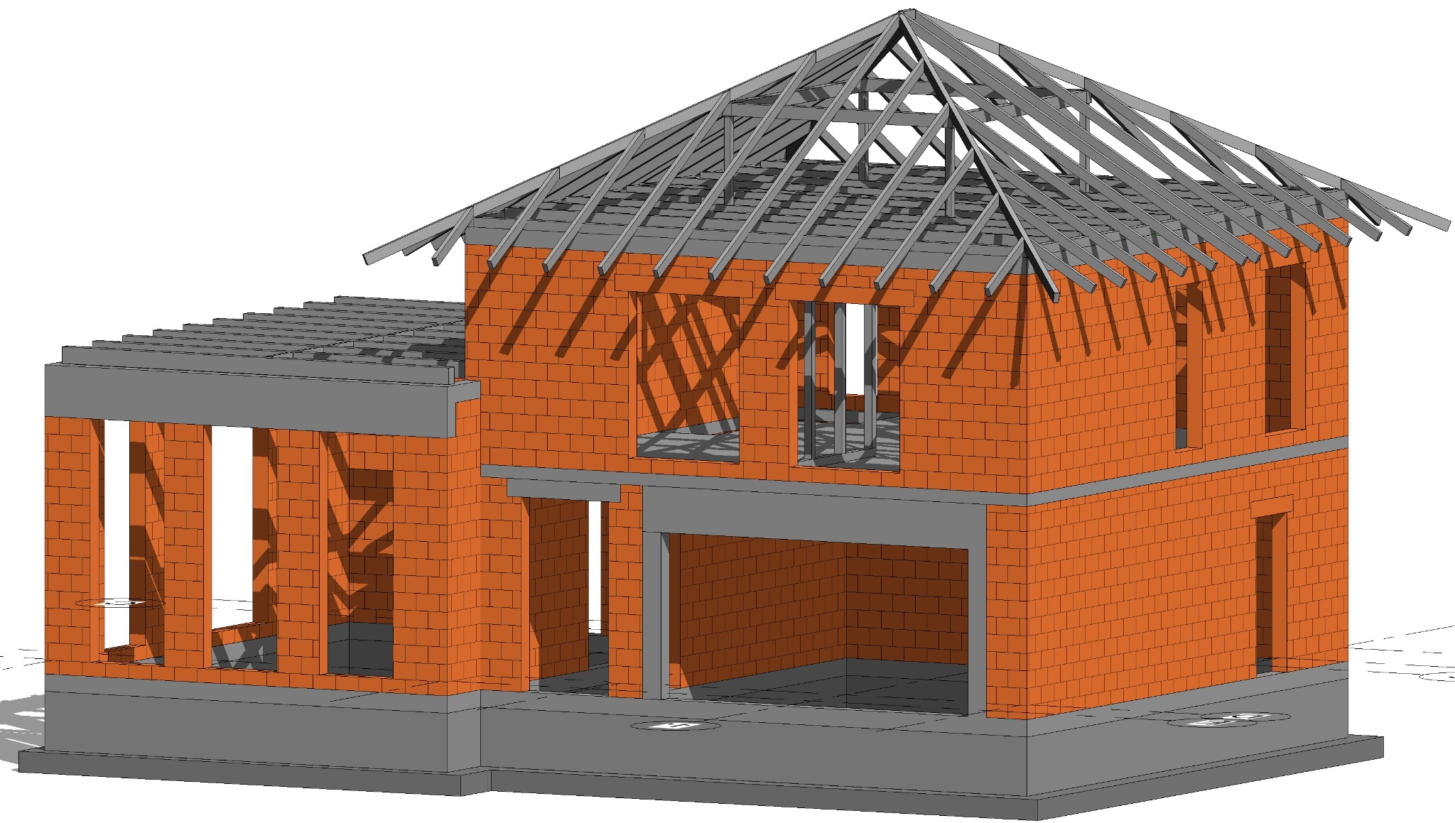 Wizualizacja 3D domu jednorodzinnego w trakcie budowy, z widoczną konstrukcją ścian z cegły, betonowym stropem nad parterem i konstrukcją dachu z drewnianych krokwi.