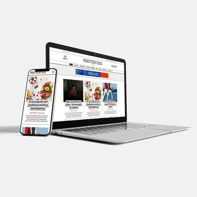 Laptop i smartfon wyświetlające stronę internetową 'Praktyczny Blog' o tematyce dietetycznej, widok z boku na białym tle.