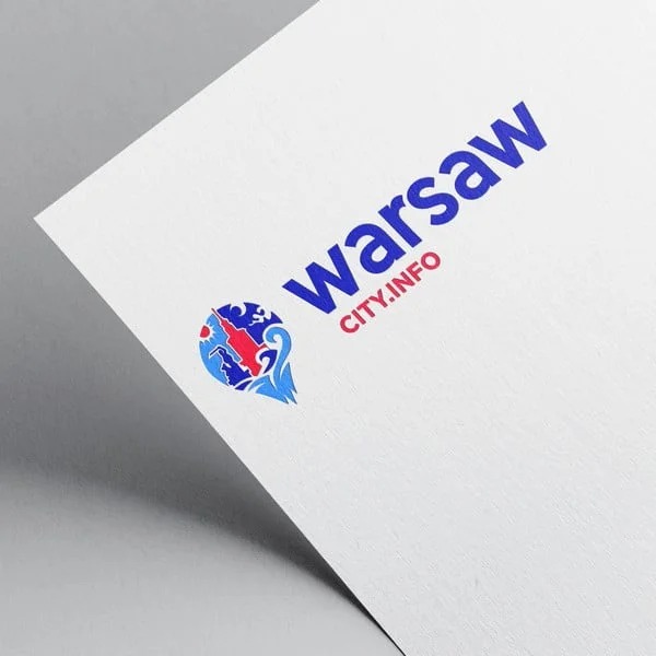Logo Warsaw CITY.INFO z sylwetką Warszawy w kropli na białym tle, pod kątem.