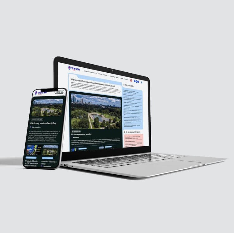 Laptop i smartfon wyświetlające stronę internetową 'Warszawa Info' z widokiem na park, prezentacja responsywności strony na różnych urządzeniach.