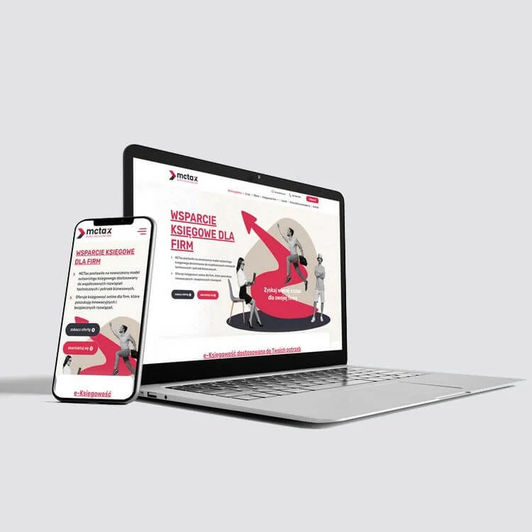 Laptop i smartfon prezentujące stronę internetową 'mctax' z grafiką wsparcia księgowego dla firm, z czerwoną strzałką skierowaną w górę i postaciami pracowników, na jasnym tle.