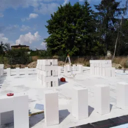 Wznoszenie ścian domu z bloczków betonu komórkowego na przygotowanej płycie fundamentowej, widoczny niwelator laserowy i poziomica.