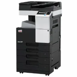 Czarno-biała kserokopiarka Develop ineo 227 z czterema szufladami na papier, widok z przodu na białym tle.