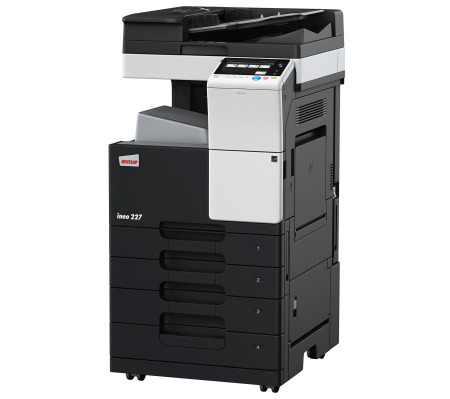 Czarno-biała kserokopiarka Develop ineo 227 z czterema szufladami na papier, widok z przodu na białym tle.