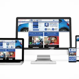 Responsywny projekt strony internetowej szkoły jazdy, wyświetlany na monitorze, laptopie, tablecie i smartfonie na białym tle.