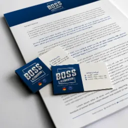 Identyfikacja wizualna firmy Boss Aluminium: wizytówki i papier firmowy w kolorze granatowym z logo, elegancki design.