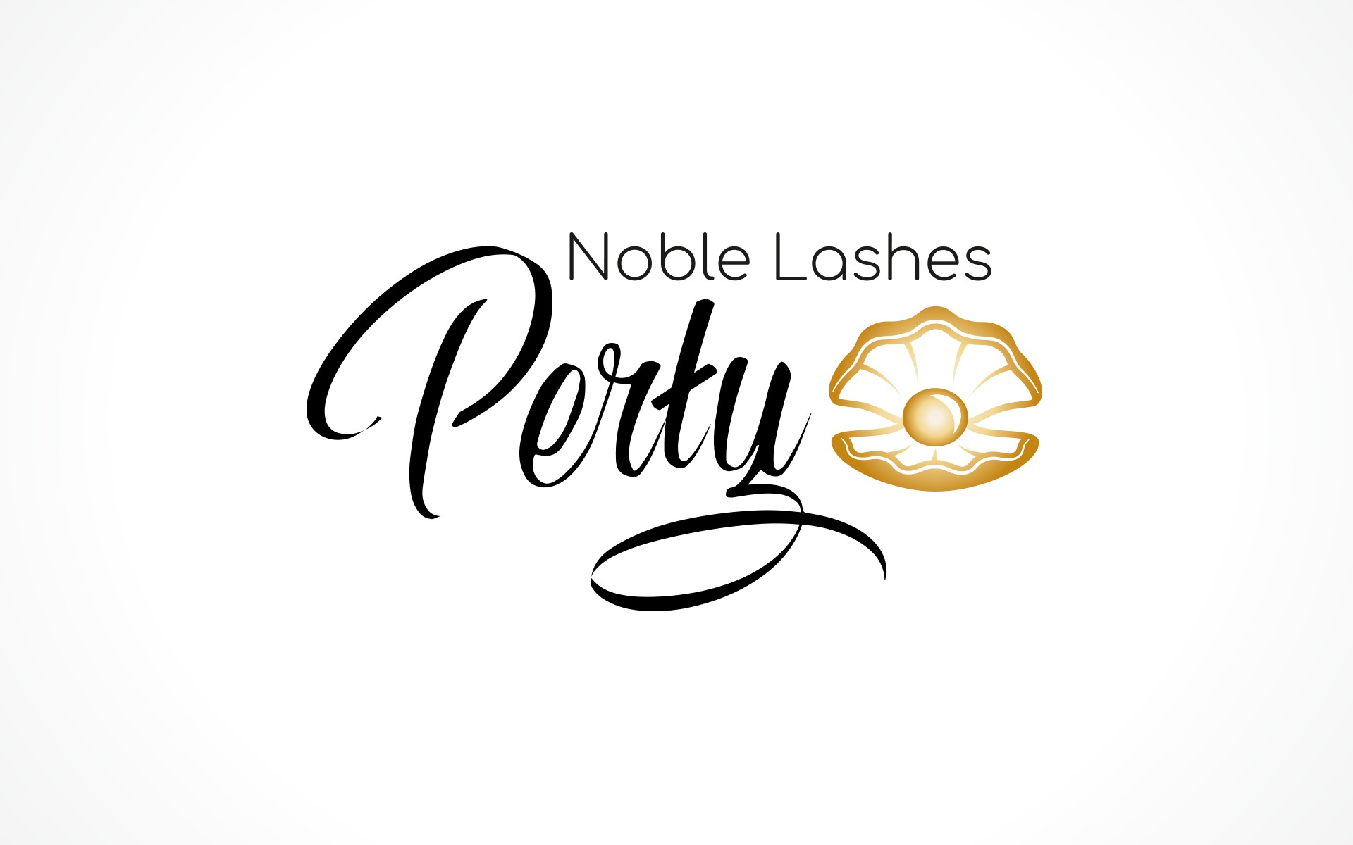 Eleganckie logo firmy Noble Lashes, z nazwą 'Porty' napisaną ozdobną czcionką i symbolem złotej muszli z perłą.