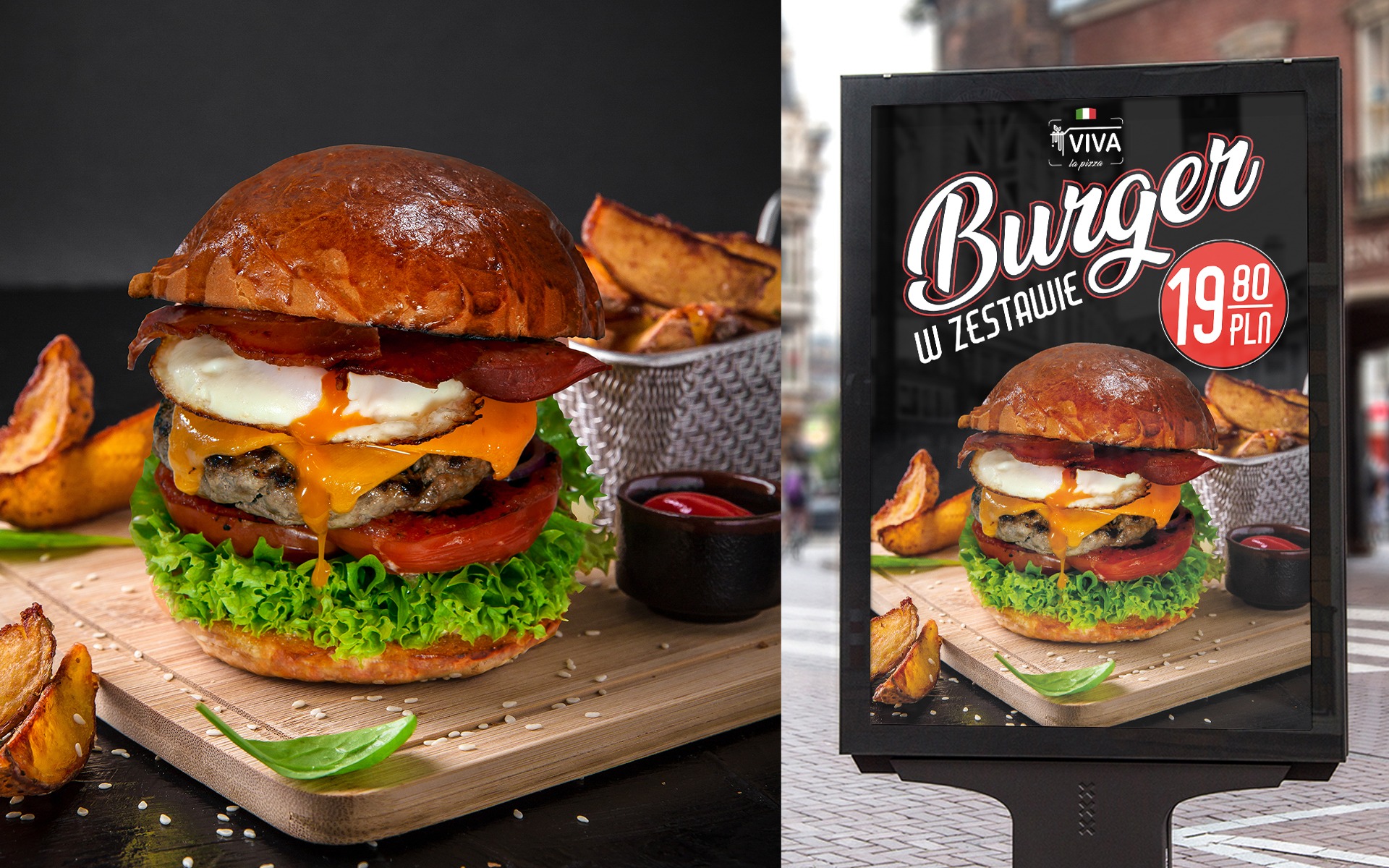 Zdjęcie przedstawia burgera z jajkiem sadzonym, bekonem, serem, pomidorem i sałatą na drewnianej desce, obok frytki i sos. Po prawej stronie znajduje się reklama tego samego burgera na billboardzie.