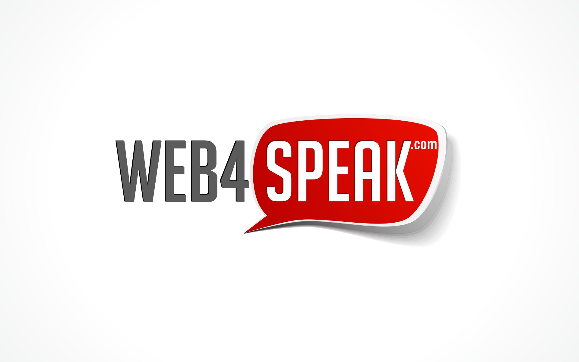 Logo firmy Web4Speak.com, czarne litery WEB4 obok czerwonej dymkowej chmurki z napisem SPEAK.com, na białym tle.