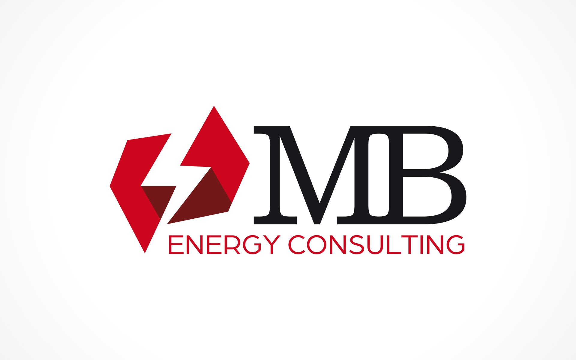 Logo firmy MB Energy Consulting z geometrycznym symbolem błyskawicy w czerwieni i czarnymi inicjałami MB.